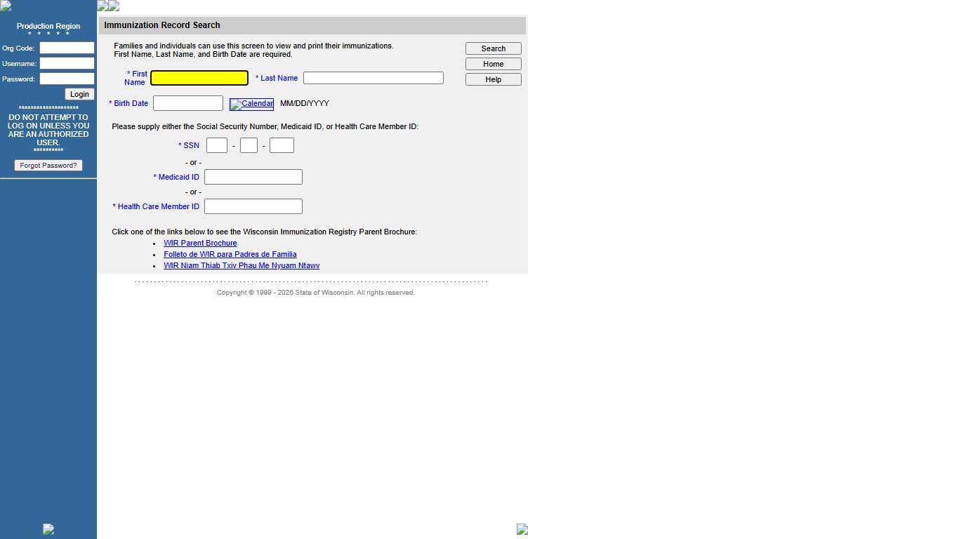 Wisconsin Immunization Registry .. [Immunization Record Search]