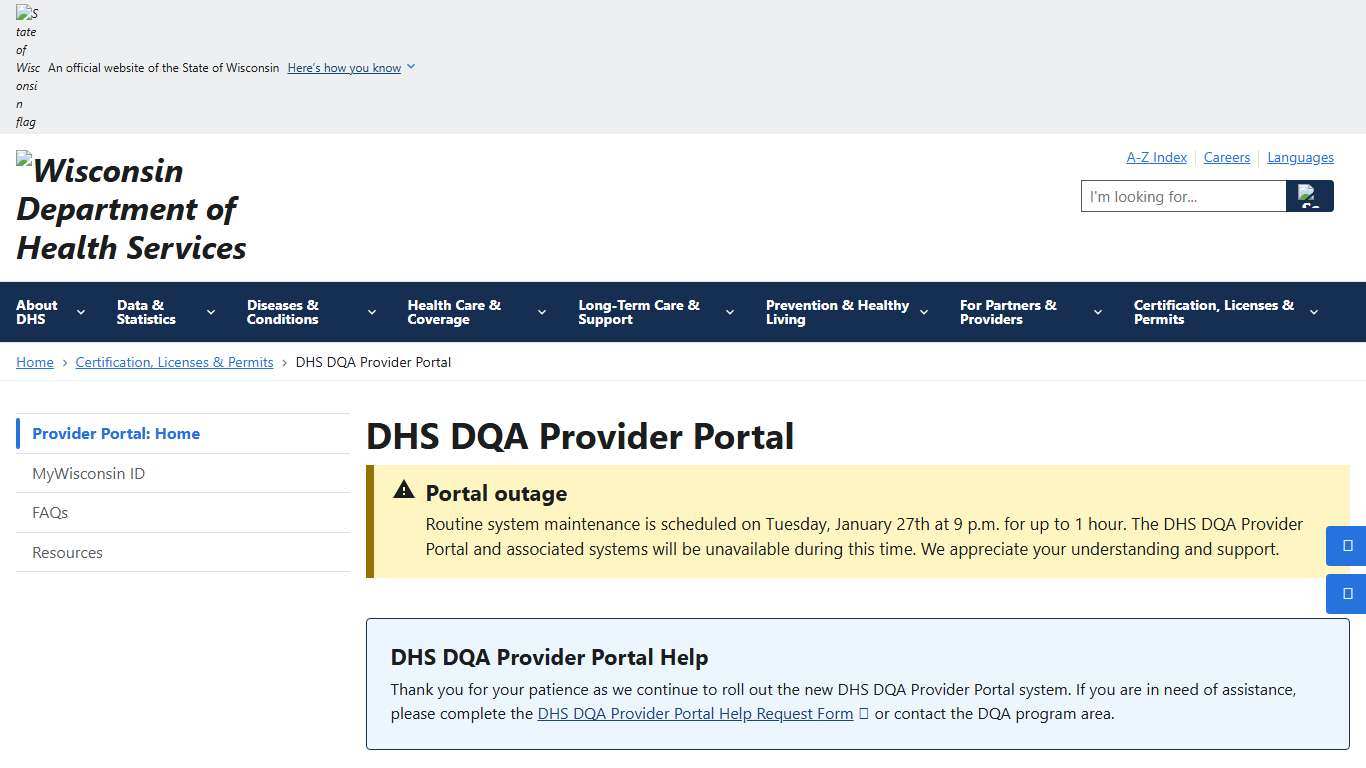 DHS DQA Provider Portal Wisconsin Department of Health Services